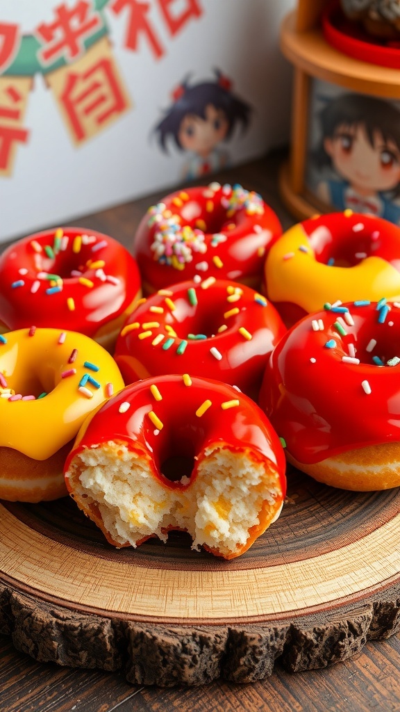 Rengoku inspired donuts with red and yellow glazes and sprinkles on a wooden platter.